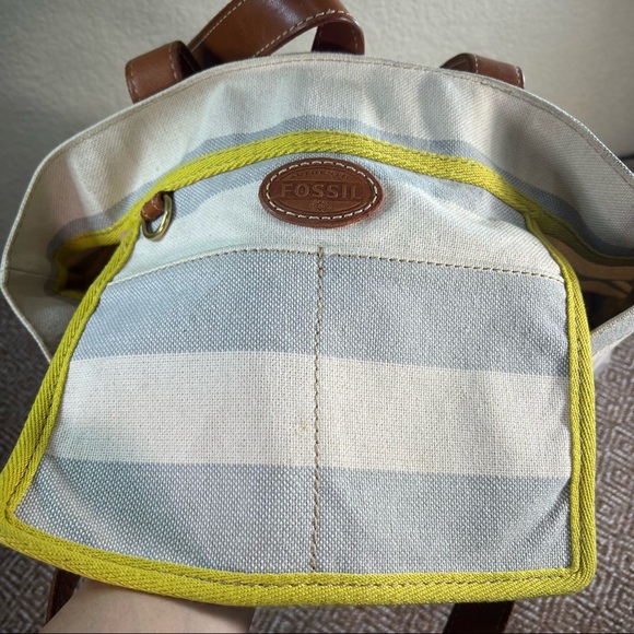 Fossil Rachel Blue Gray /Cream Coated Canvas KEY Leather Shoulder Tote Bag - Picture 12 of 14